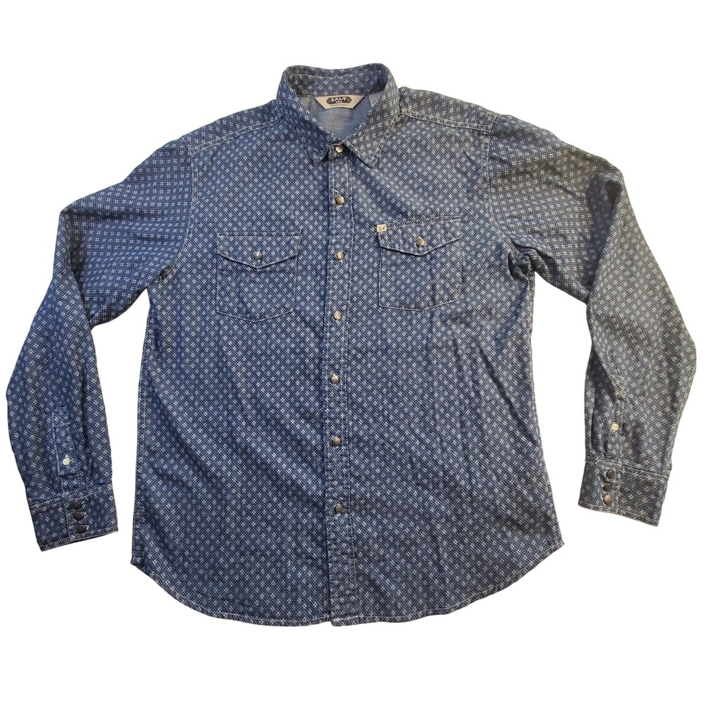 Salt Valley Western Mens Large Blue Geometric Print Pearl Snap Long Sleeve Shirt